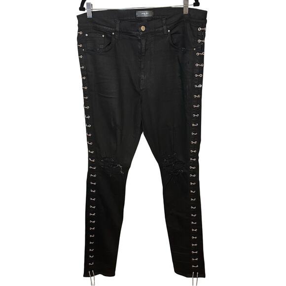 Amiri‎ Men's Black Chain Track Denim Skinny Distressed Knee Jeans Size 38 - Picture 1 of 12